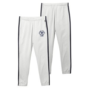 white sweatpants with Penn State Nittany Lions and Athletic Logo on left thigh, navy stripe down sides